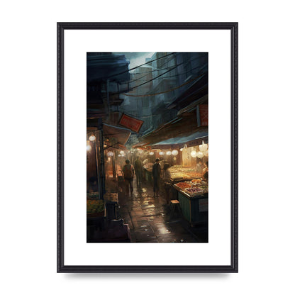 Vibrant Market Street at Dusk: Atmospheric Urban Artwork