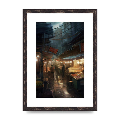 Vibrant Market Street at Dusk: Atmospheric Urban Artwork
