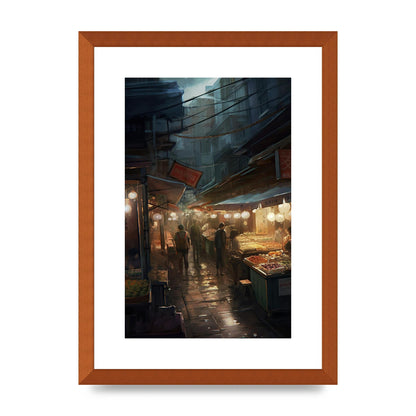Vibrant Market Street at Dusk: Atmospheric Urban Artwork