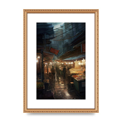 Vibrant Market Street at Dusk: Atmospheric Urban Artwork