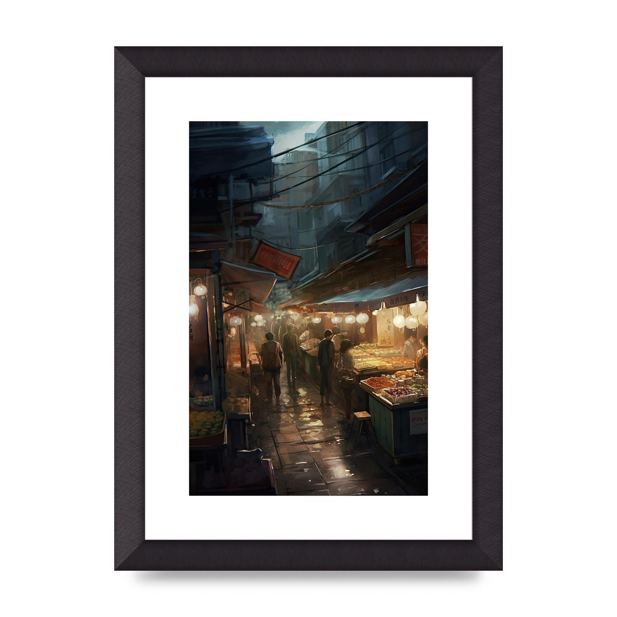 Vibrant Market Street at Dusk: Atmospheric Urban Artwork