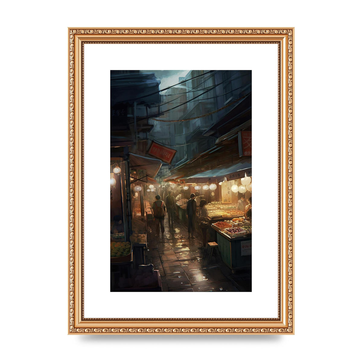 Vibrant Market Street at Dusk: Atmospheric Urban Artwork
