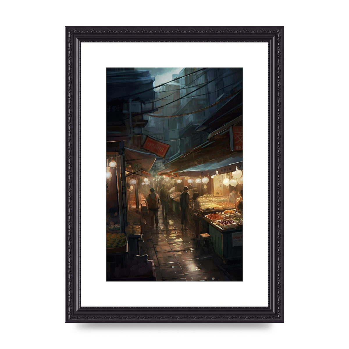 Vibrant Market Street at Dusk: Atmospheric Urban Artwork