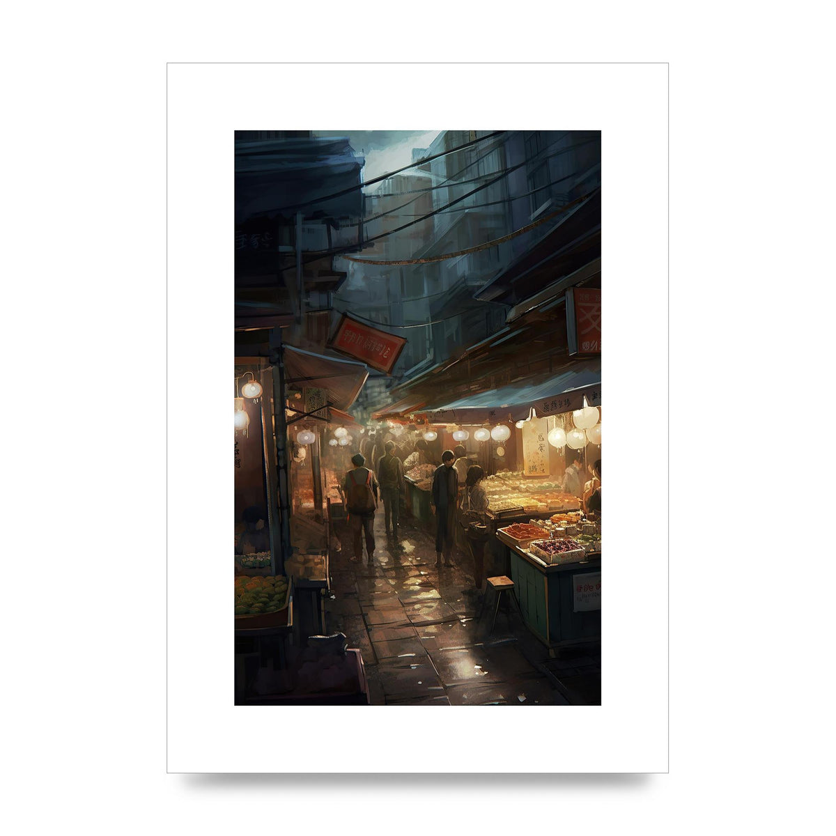 Vibrant Market Street at Dusk: Atmospheric Urban Artwork