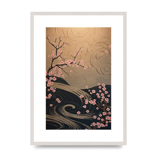 Tranquil Cherry Blossom Art: Serene Japanese Scenery, print in an A2 white saw cut grain frame