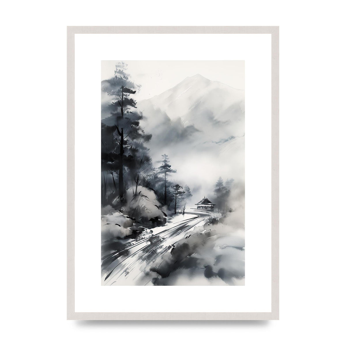 Snowy Japanese Landscape in Ink: Traditional Sumi-e Art, print in an A2 white saw cut grain frame