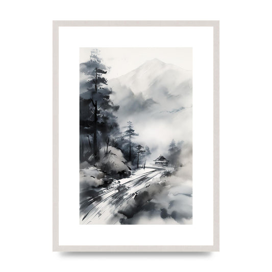 Snowy Japanese Landscape in Ink: Traditional Sumi-e Art, print in an A2 white saw cut grain frame