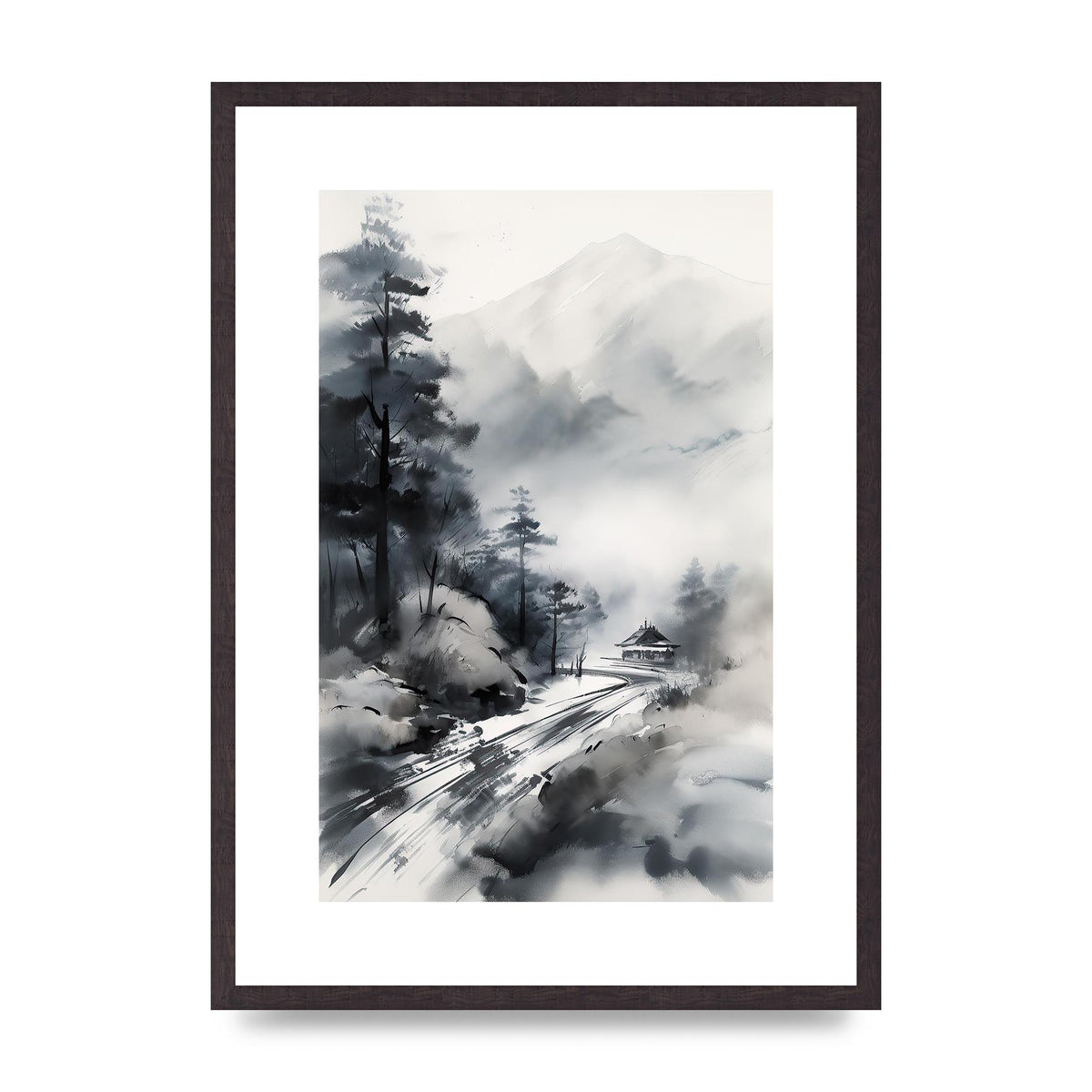 Snowy Japanese Landscape in Ink: Traditional Sumi-e Art