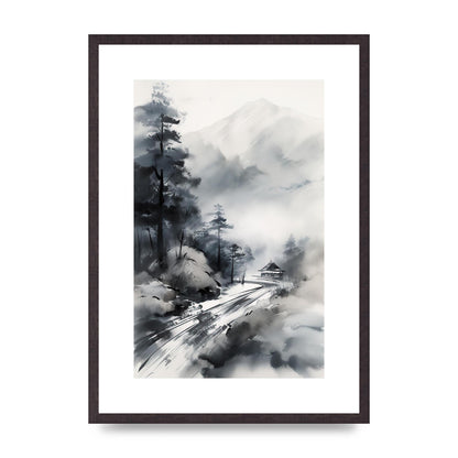 Snowy Japanese Landscape in Ink: Traditional Sumi-e Art