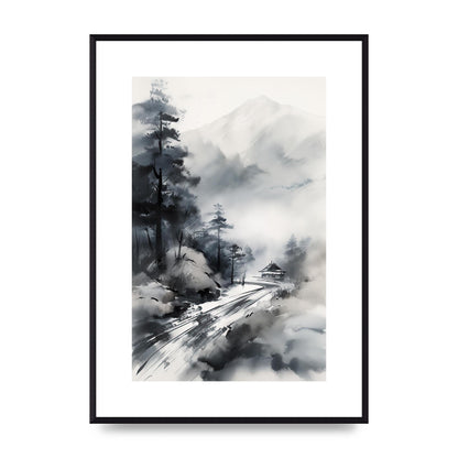 Snowy Japanese Landscape in Ink: Traditional Sumi-e Art