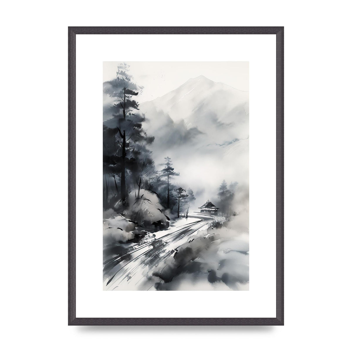 Snowy Japanese Landscape in Ink: Traditional Sumi-e Art