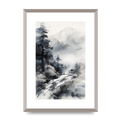 Snowy Japanese Landscape in Ink: Traditional Sumi-e Art