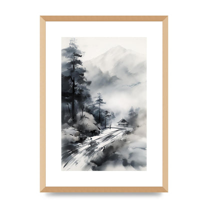 Snowy Japanese Landscape in Ink: Traditional Sumi-e Art