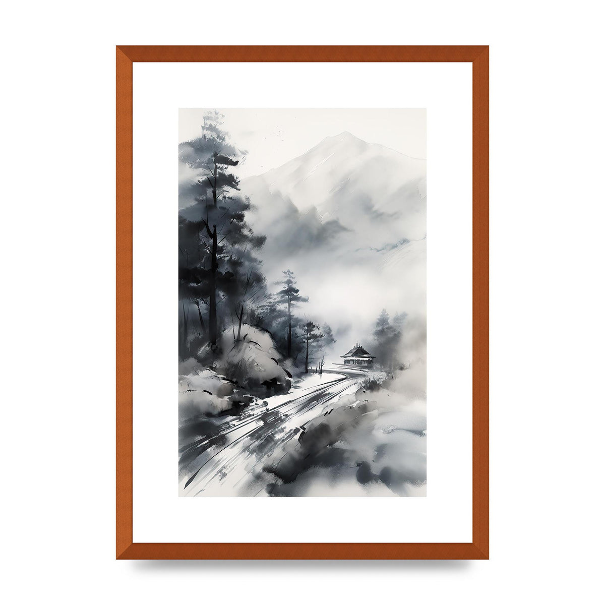 Snowy Japanese Landscape in Ink: Traditional Sumi-e Art