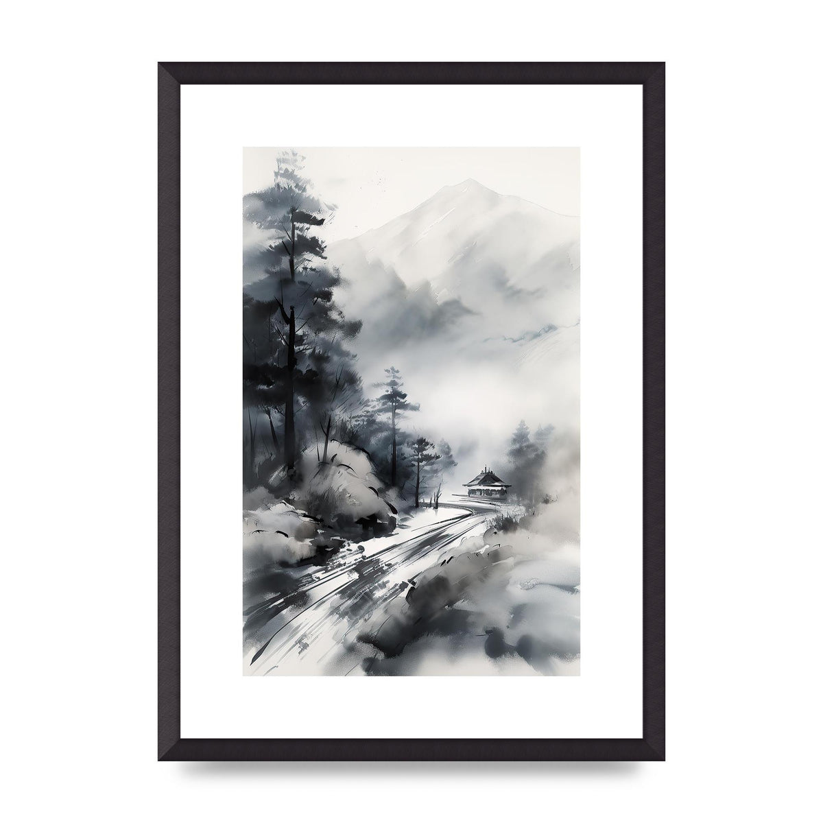 Snowy Japanese Landscape in Ink: Traditional Sumi-e Art