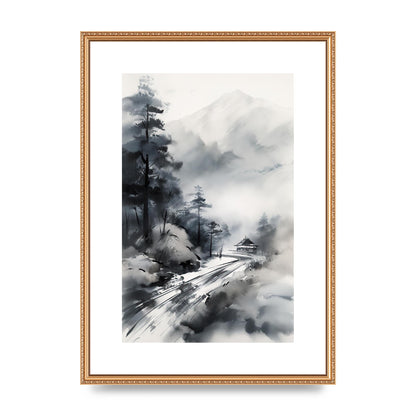 Snowy Japanese Landscape in Ink: Traditional Sumi-e Art