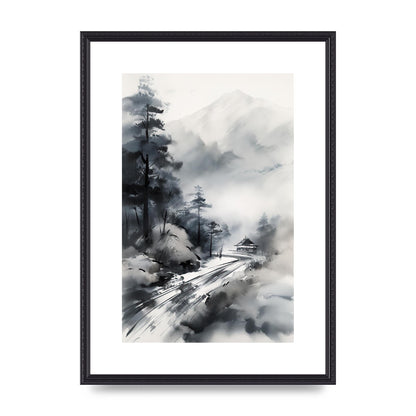 Snowy Japanese Landscape in Ink: Traditional Sumi-e Art