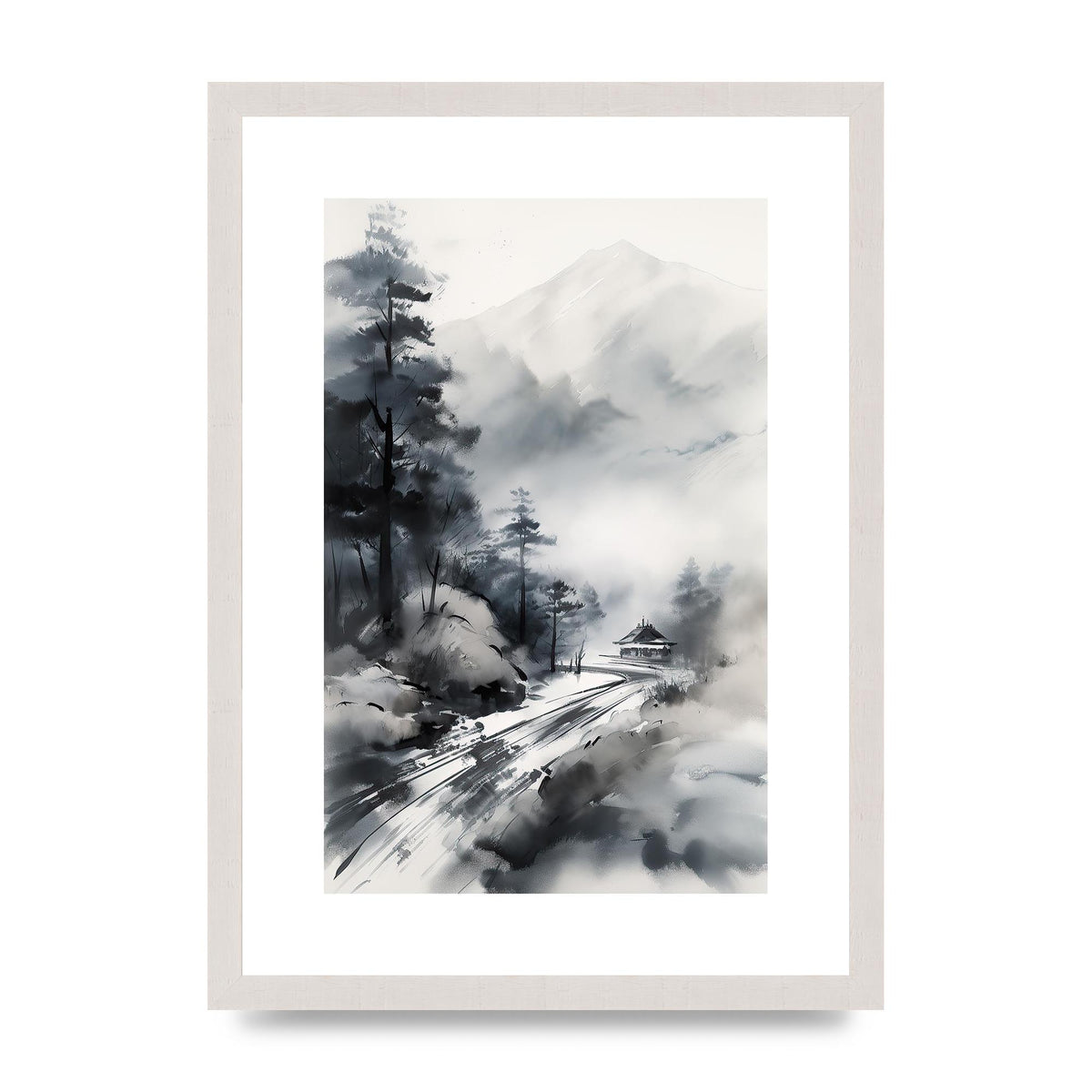 Snowy Japanese Landscape in Ink: Traditional Sumi-e Art