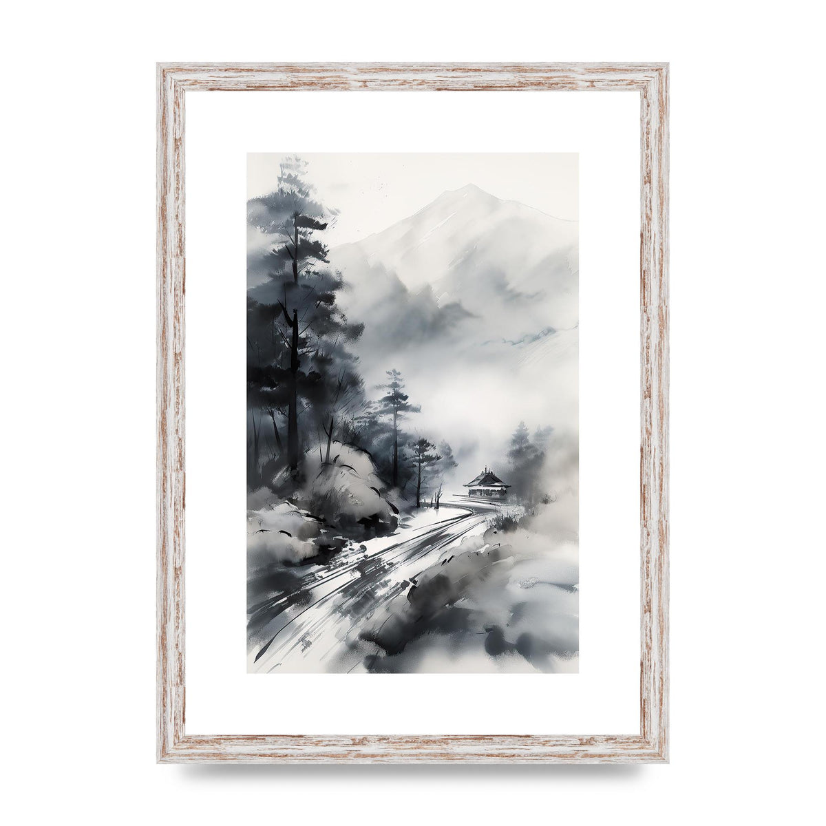 Snowy Japanese Landscape in Ink: Traditional Sumi-e Art