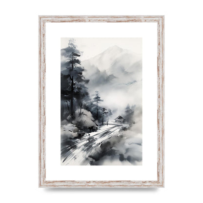 Snowy Japanese Landscape in Ink: Traditional Sumi-e Art