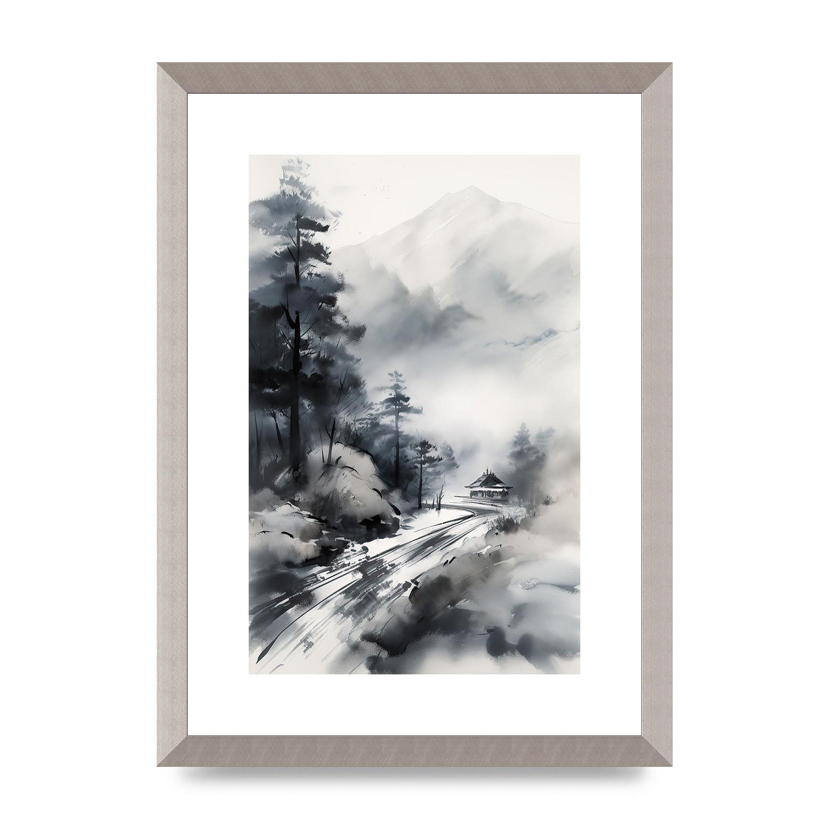 Snowy Japanese Landscape in Ink: Traditional Sumi-e Art