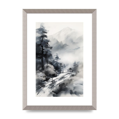 Snowy Japanese Landscape in Ink: Traditional Sumi-e Art