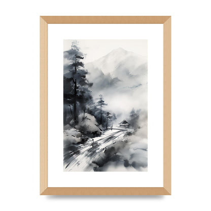 Snowy Japanese Landscape in Ink: Traditional Sumi-e Art