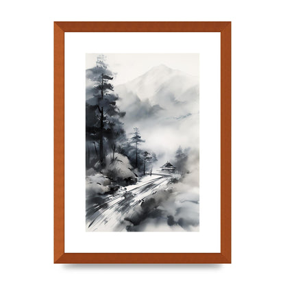 Snowy Japanese Landscape in Ink: Traditional Sumi-e Art