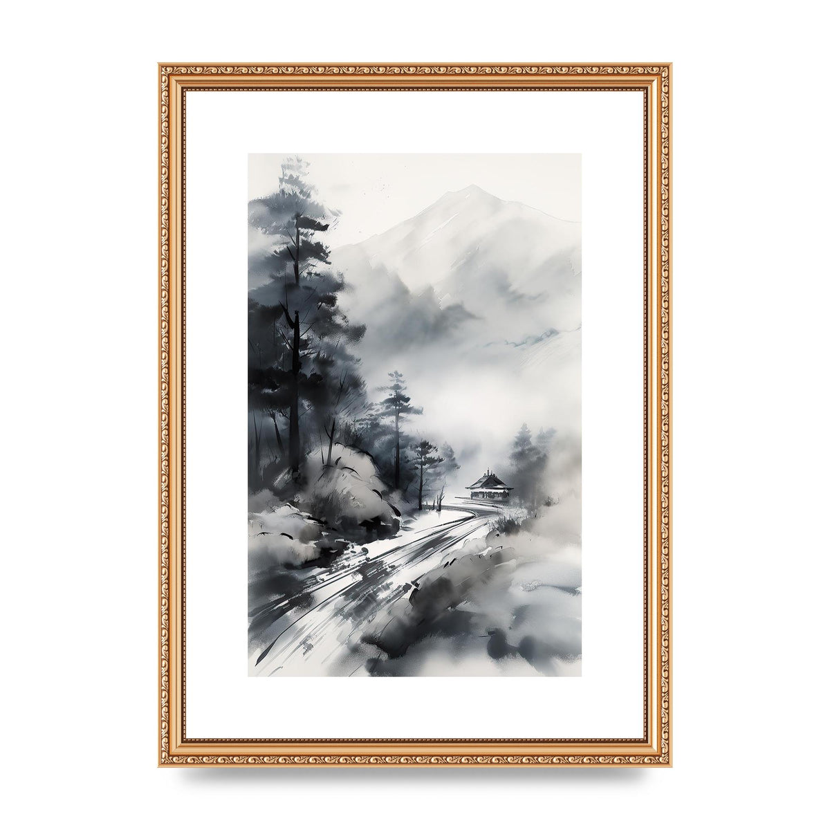 Snowy Japanese Landscape in Ink: Traditional Sumi-e Art
