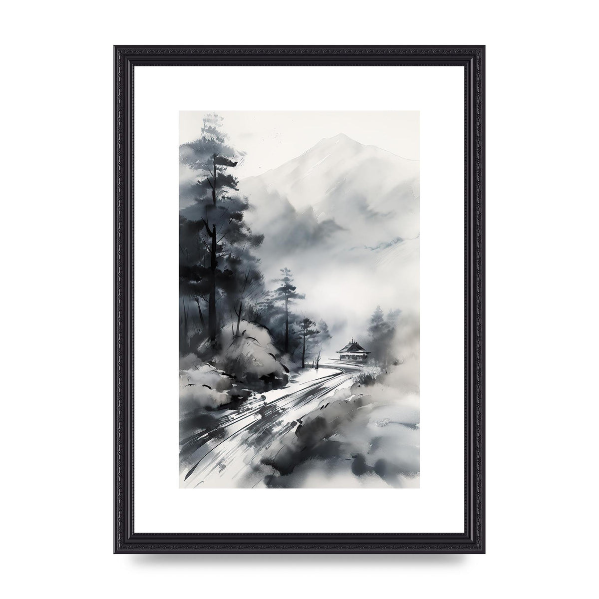 Snowy Japanese Landscape in Ink: Traditional Sumi-e Art