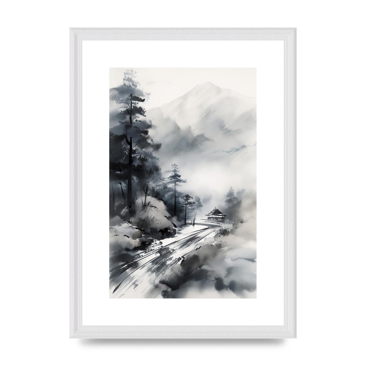 Snowy Japanese Landscape in Ink: Traditional Sumi-e Art