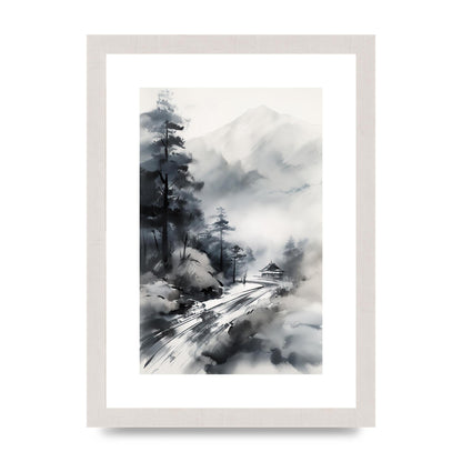 Snowy Japanese Landscape in Ink: Traditional Sumi-e Art