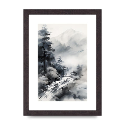 Snowy Japanese Landscape in Ink: Traditional Sumi-e Art