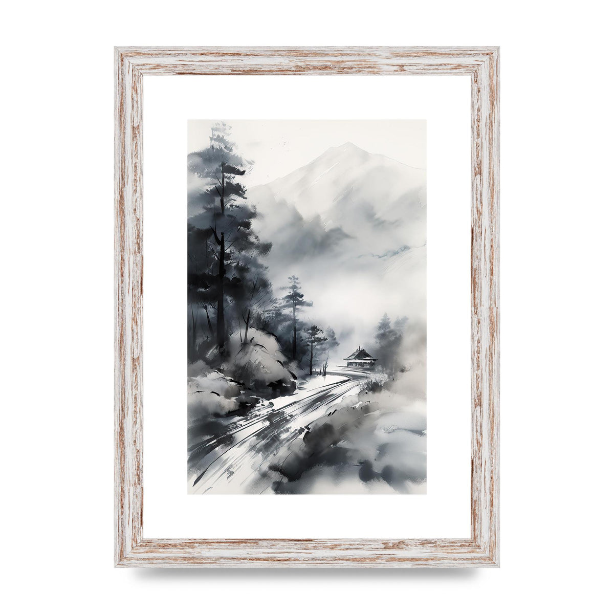 Snowy Japanese Landscape in Ink: Traditional Sumi-e Art
