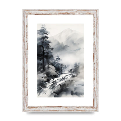 Snowy Japanese Landscape in Ink: Traditional Sumi-e Art