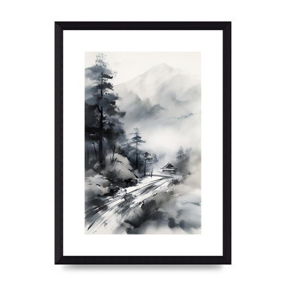 Snowy Japanese Landscape in Ink: Traditional Sumi-e Art