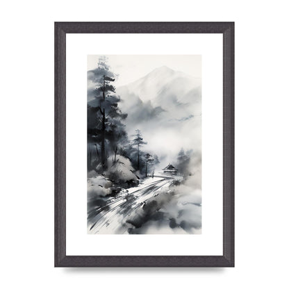 Snowy Japanese Landscape in Ink: Traditional Sumi-e Art