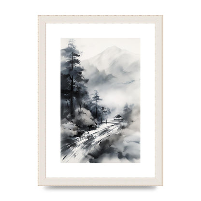 Snowy Japanese Landscape in Ink: Traditional Sumi-e Art