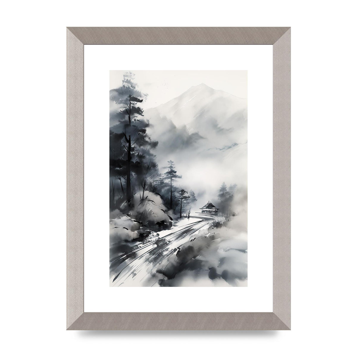 Snowy Japanese Landscape in Ink: Traditional Sumi-e Art