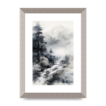 Snowy Japanese Landscape in Ink: Traditional Sumi-e Art