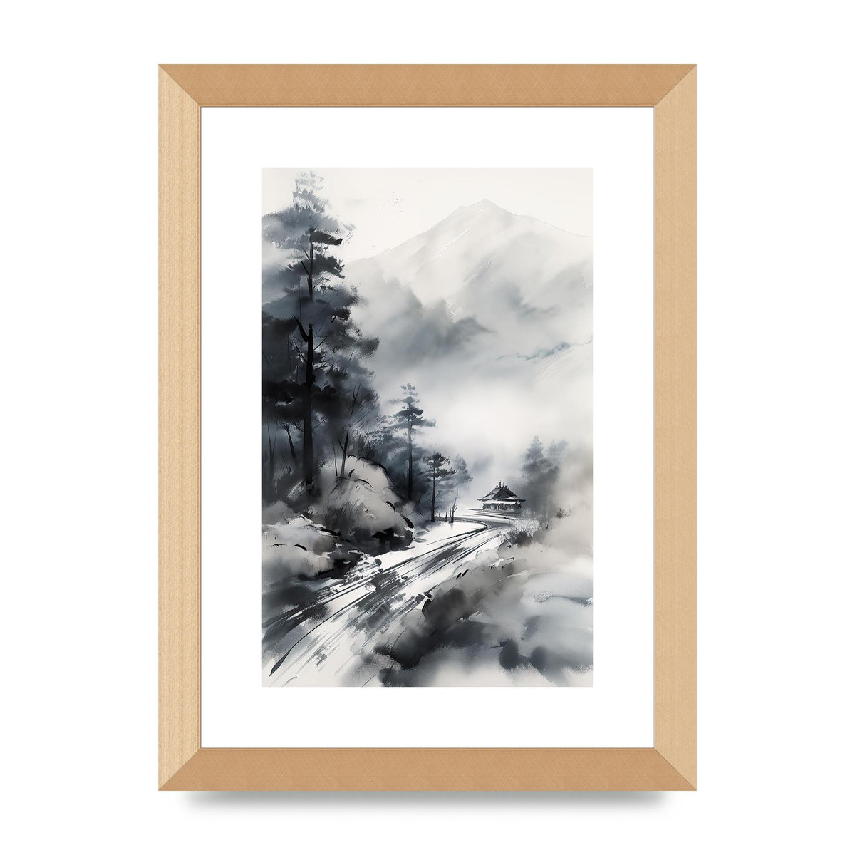 Snowy Japanese Landscape in Ink: Traditional Sumi-e Art