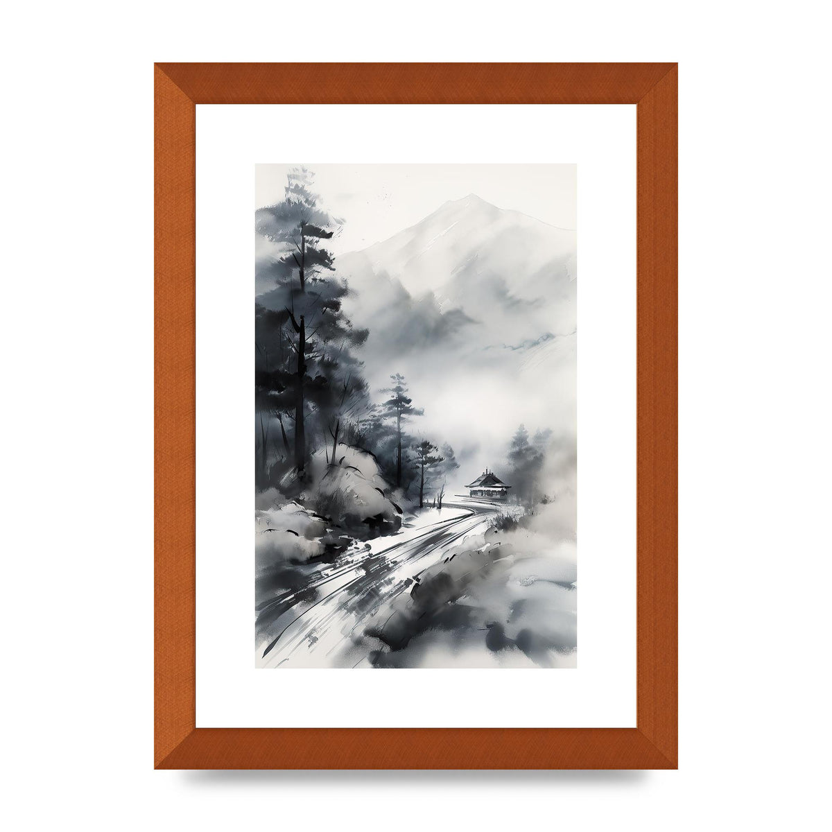 Snowy Japanese Landscape in Ink: Traditional Sumi-e Art