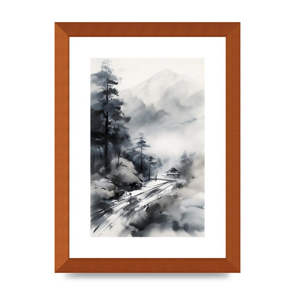 Snowy Japanese Landscape in Ink: Traditional Sumi-e Art
