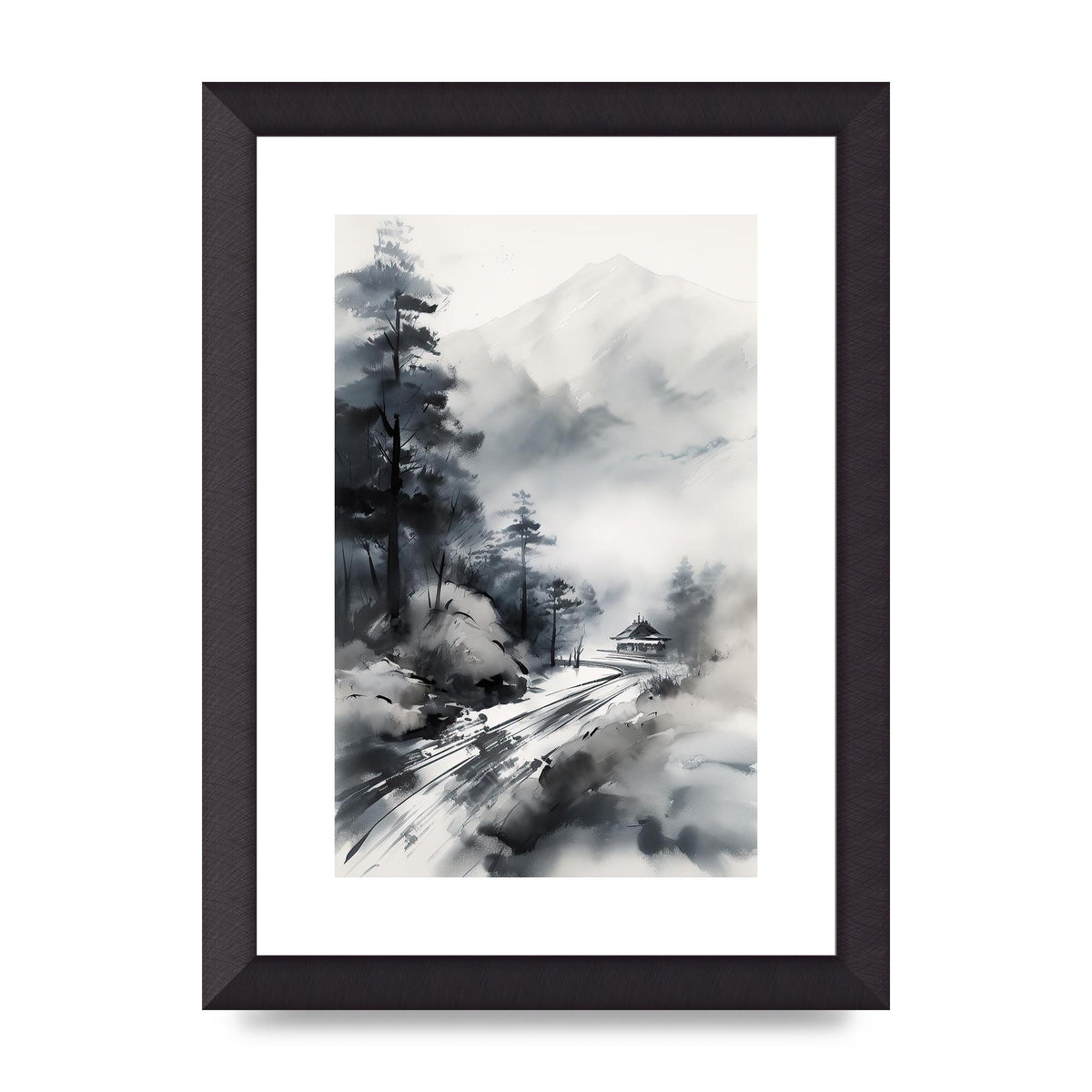 Snowy Japanese Landscape in Ink: Traditional Sumi-e Art