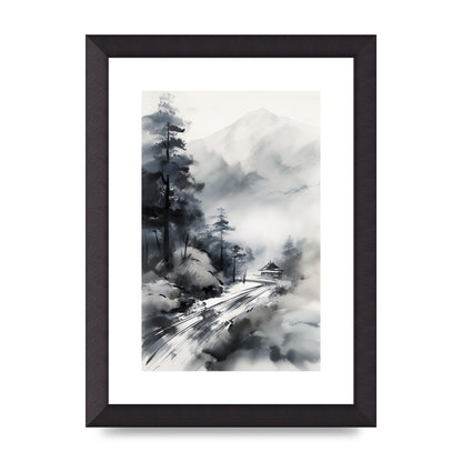 Snowy Japanese Landscape in Ink: Traditional Sumi-e Art