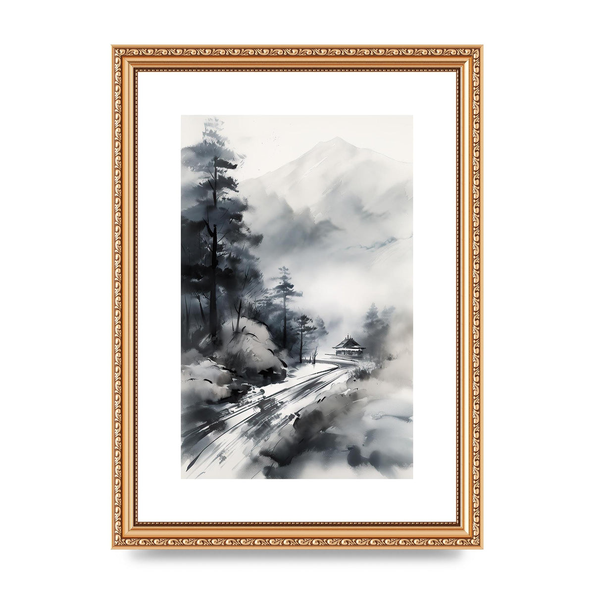 Snowy Japanese Landscape in Ink: Traditional Sumi-e Art