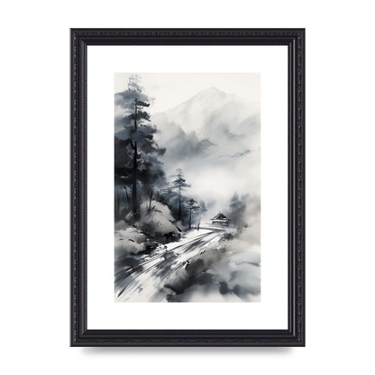 Snowy Japanese Landscape in Ink: Traditional Sumi-e Art