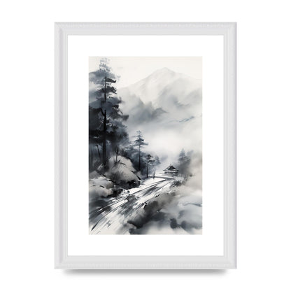Snowy Japanese Landscape in Ink: Traditional Sumi-e Art