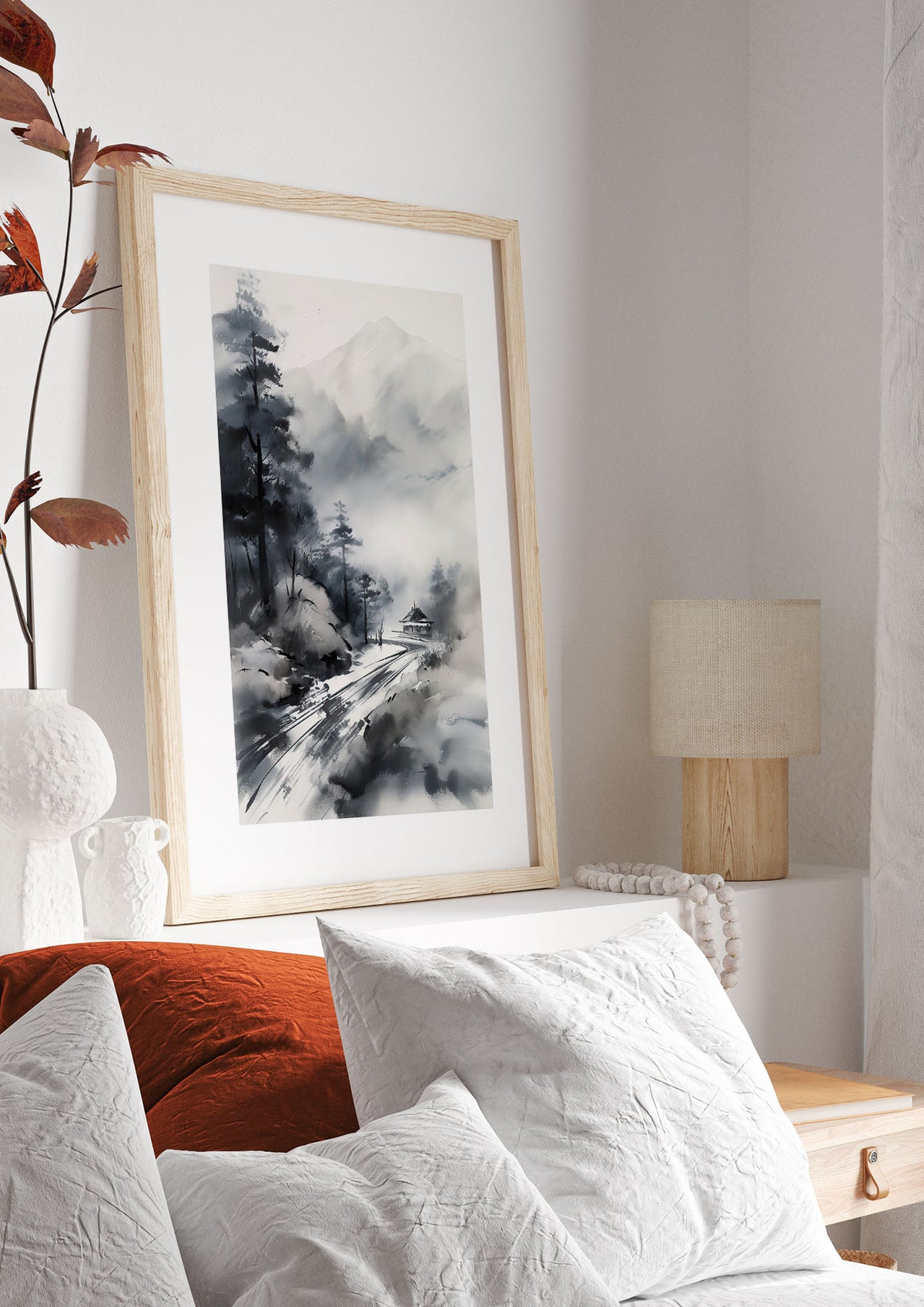 Snowy Japanese Landscape in Ink: Traditional Sumi-e Art