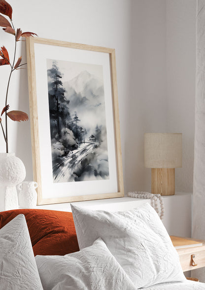 Snowy Japanese Landscape in Ink: Traditional Sumi-e Art